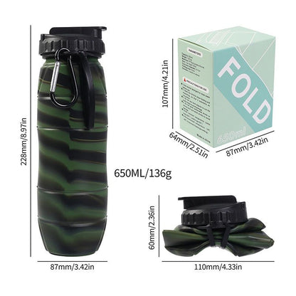 Camouflage green Collapsible Silicone Water Bottle - 650ml Foldable Travel Bottle with Straw Lid, Food Grade Silicone Hiking Flask, Leak Resistant Portable Water Bottle for Outdoor Sports Fitness Cycling