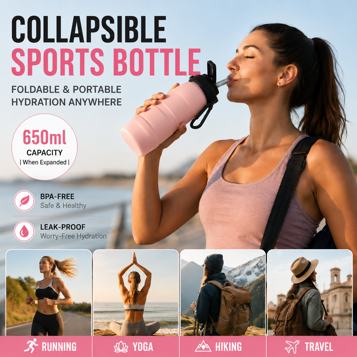 Pink Collapsible Silicone Water Bottle - 650ml Foldable Travel Bottle with Straw Lid, Food Grade Silicone Hiking Flask, Leak Resistant Portable Water Bottle for Outdoor Sports Fitness Cycling
