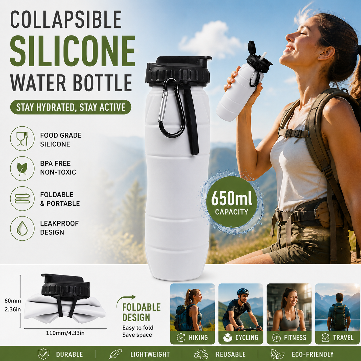 Gray Collapsible Silicone Water Bottle - 650ml Foldable Travel Bottle with Straw Lid, Food Grade Silicone Hiking Flask, Leak Resistant Portable Water Bottle for Outdoor Sports Fitness Cycling