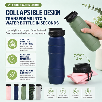 Gray Collapsible Silicone Water Bottle - 650ml Foldable Travel Bottle with Straw Lid, Food Grade Silicone Hiking Flask, Leak Resistant Portable Water Bottle for Outdoor Sports Fitness Cycling
