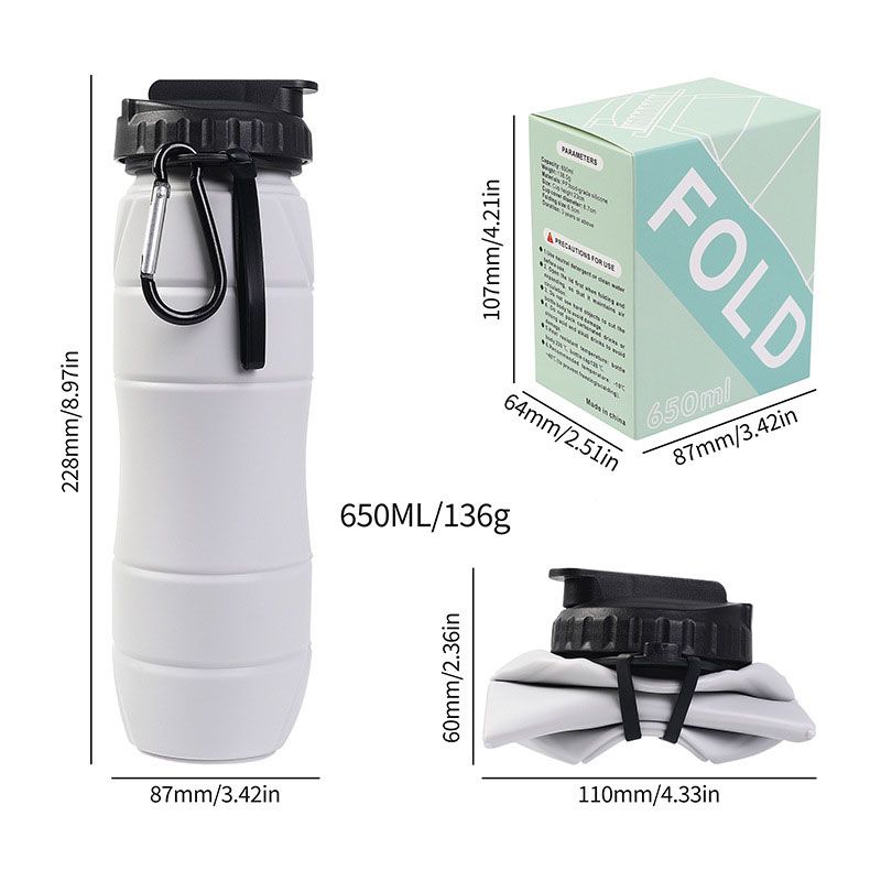 Gray Collapsible Silicone Water Bottle - 650ml Foldable Travel Bottle with Straw Lid, Food Grade Silicone Hiking Flask, Leak Resistant Portable Water Bottle for Outdoor Sports Fitness Cycling