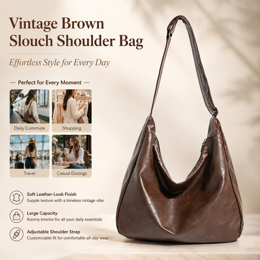 Vintage Brown PU Leather Shoulder Bag - Large Capacity Hobo Handbag with Adjustable Strap, Soft Slouch Tote Purse for Women Daily Commute Shopping Travel and Casual Outings
