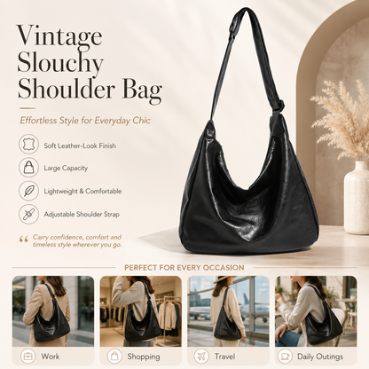 Black PU Leather Shoulder Bag - Large Capacity Hobo Handbag with Adjustable Strap, Soft Slouch Tote Purse for Women Daily Commute Shopping Travel and Casual Outings