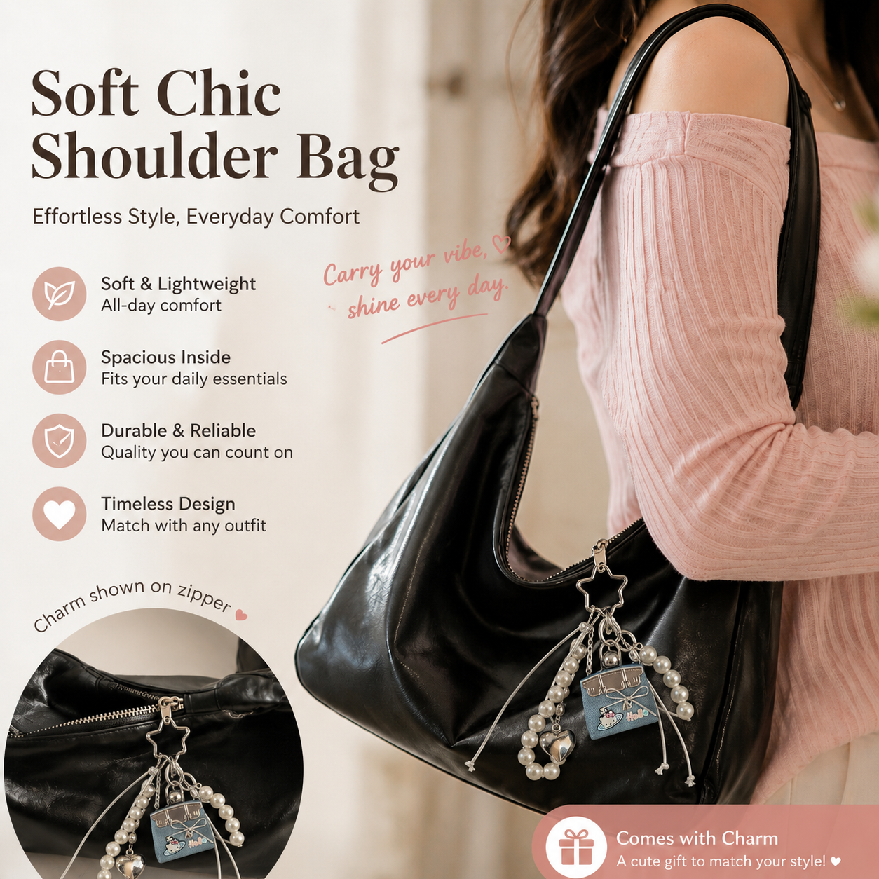 Black PU Leather Shoulder Bag with Cute Charm Keychain - Large Capacity Hobo Handbag with Adjustable Strap, Soft Slouch Tote Purse for Women Daily Commute Shopping Travel and Casual Outings