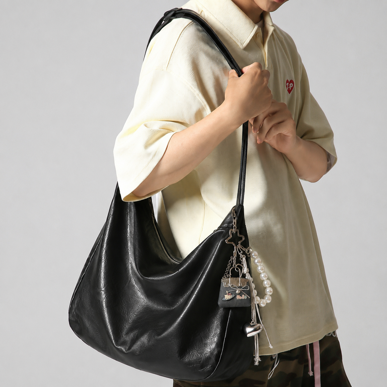 Black PU Leather Shoulder Bag with Cute Charm Keychain - Large Capacity Hobo Handbag with Adjustable Strap, Soft Slouch Tote Purse for Women Daily Commute Shopping Travel and Casual Outings