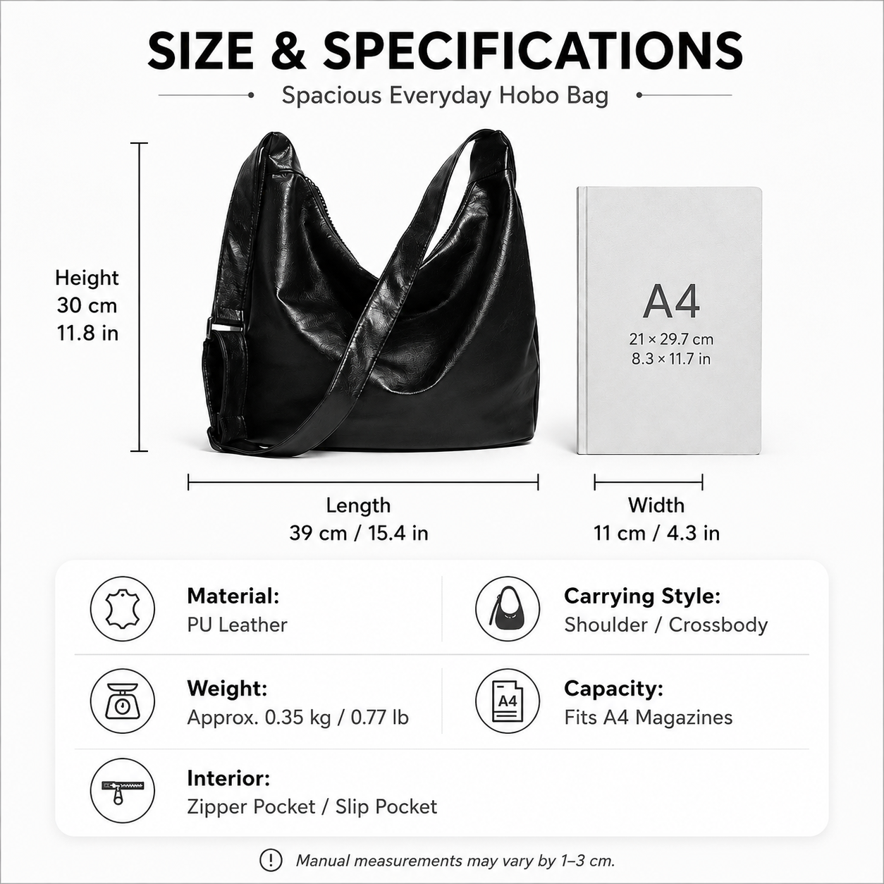 Black PU Leather Shoulder Bag - Large Capacity Hobo Handbag with Adjustable Strap, Soft Slouch Tote Purse for Women Daily Commute Shopping Travel and Casual Outings