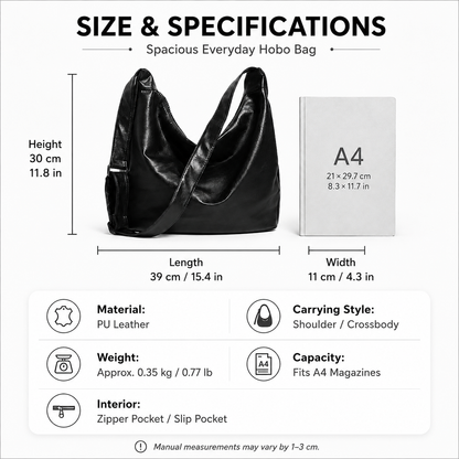 Black PU Leather Shoulder Bag - Large Capacity Hobo Handbag with Adjustable Strap, Soft Slouch Tote Purse for Women Daily Commute Shopping Travel and Casual Outings
