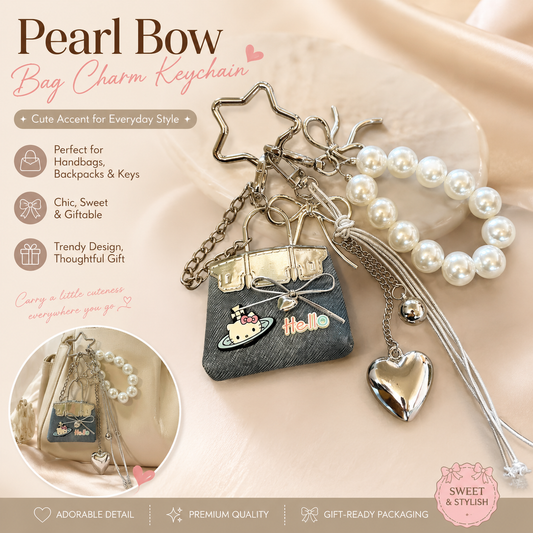 Blue Mini PU Leather Bag Charm Keychain with Pearl Bow Pendant Cute Handbag Accessories for Women Girls, Fashion Decorative Key Ring Hanging Ornament Gift