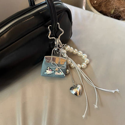 Blue Mini PU Leather Bag Charm Keychain with Pearl Bow Pendant Cute Handbag Accessories for Women Girls, Fashion Decorative Key Ring Hanging Ornament Gift