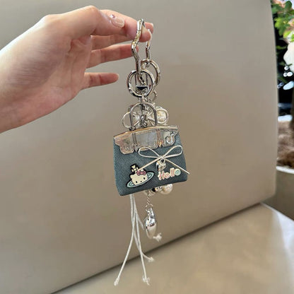 Blue Mini PU Leather Bag Charm Keychain with Pearl Bow Pendant Cute Handbag Accessories for Women Girls, Fashion Decorative Key Ring Hanging Ornament Gift
