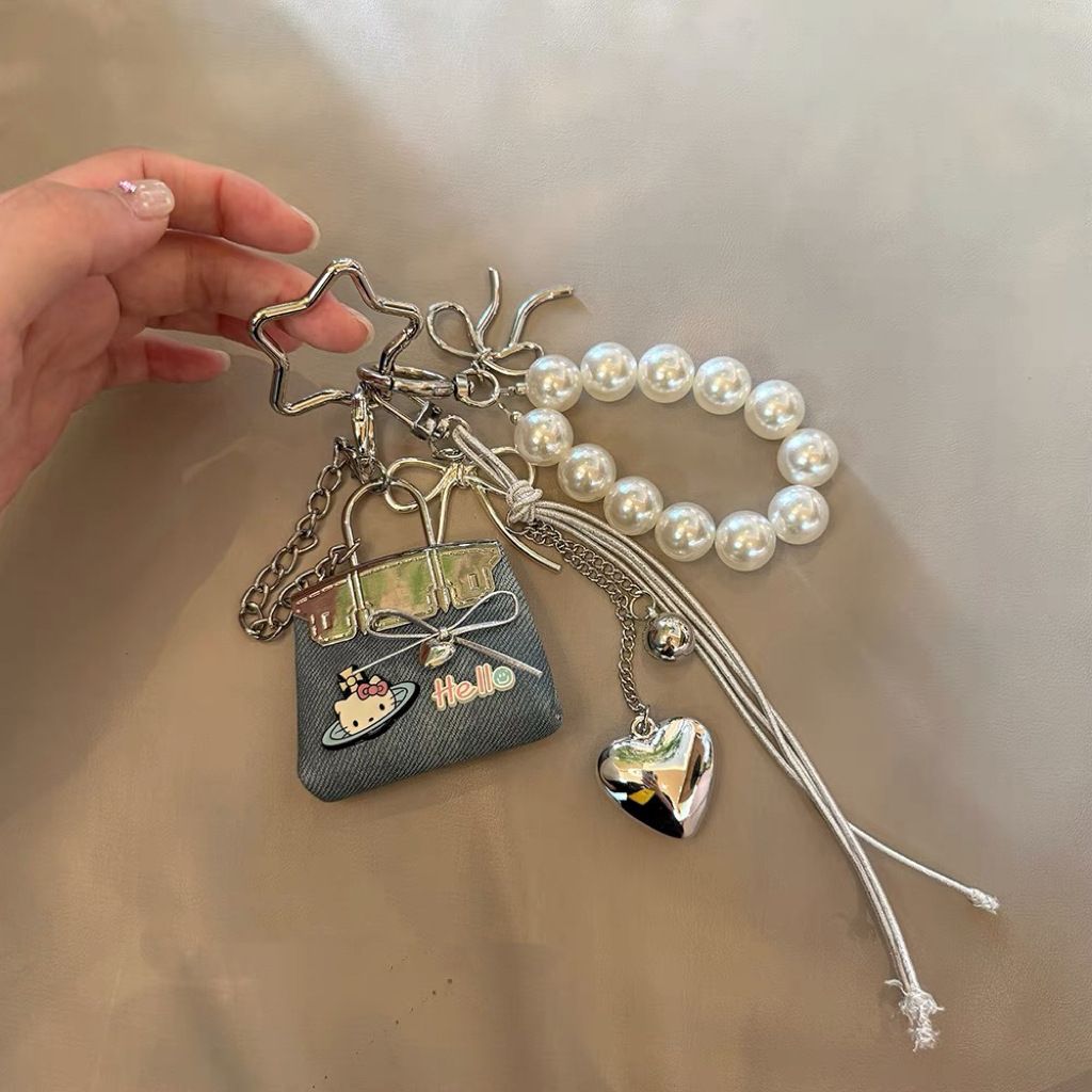 Blue Mini PU Leather Bag Charm Keychain with Pearl Bow Pendant Cute Handbag Accessories for Women Girls, Fashion Decorative Key Ring Hanging Ornament Gift