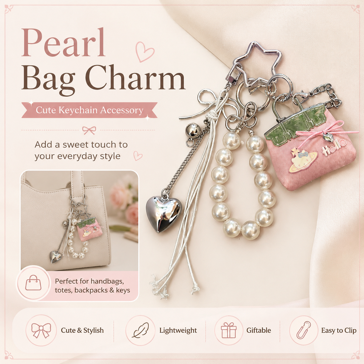 Pink Mini PU Leather Bag Charm Keychain with Pearl Bow Pendant Cute Handbag Accessories for Women Girls, Fashion Decorative Key Ring Hanging Ornament Gift