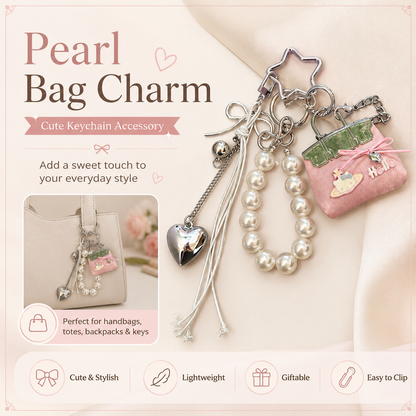 Pink Mini PU Leather Bag Charm Keychain with Pearl Bow Pendant Cute Handbag Accessories for Women Girls, Fashion Decorative Key Ring Hanging Ornament Gift