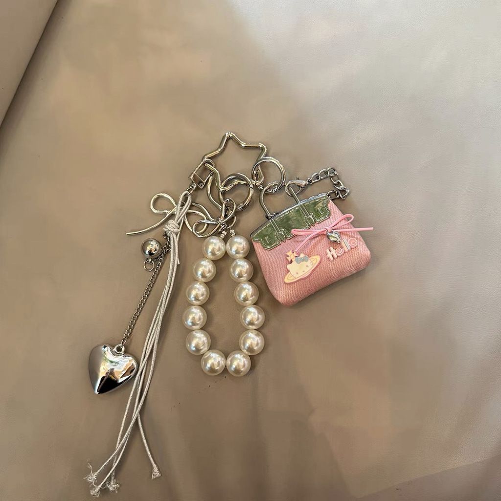 Pink Mini PU Leather Bag Charm Keychain with Pearl Bow Pendant Cute Handbag Accessories for Women Girls, Fashion Decorative Key Ring Hanging Ornament Gift