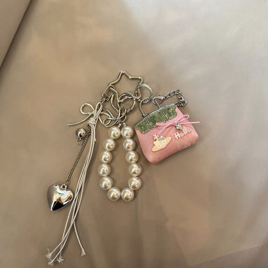 Pink Mini PU Leather Bag Charm Keychain with Pearl Bow Pendant Cute Handbag Accessories for Women Girls, Fashion Decorative Key Ring Hanging Ornament Gift