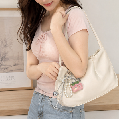 Pink Mini PU Leather Bag Charm Keychain with Pearl Bow Pendant Cute Handbag Accessories for Women Girls, Fashion Decorative Key Ring Hanging Ornament Gift