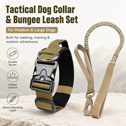Khaki Tactical Dog Collar and Bungee Lead Set (M size) - Padded Quick Release Collar with Control Handle and Shock Absorbing Leash for Medium and Large Dogs