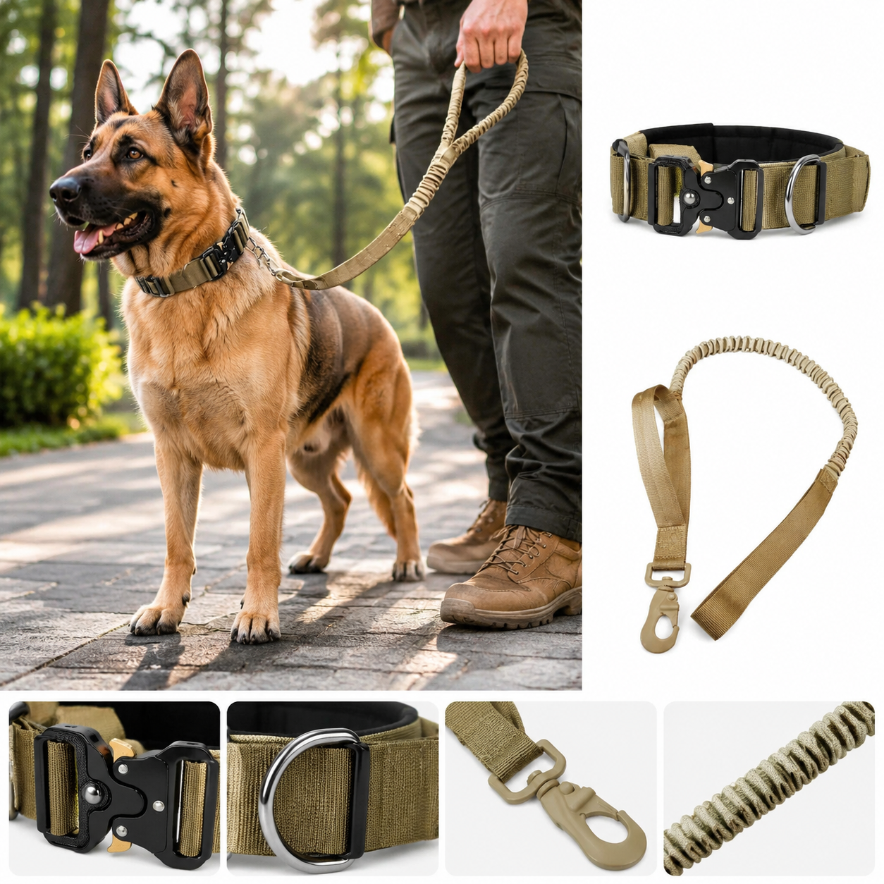 Khaki Tactical Dog Collar and Bungee Lead Set (M size) - Padded Quick Release Collar with Control Handle and Shock Absorbing Leash for Medium and Large Dogs