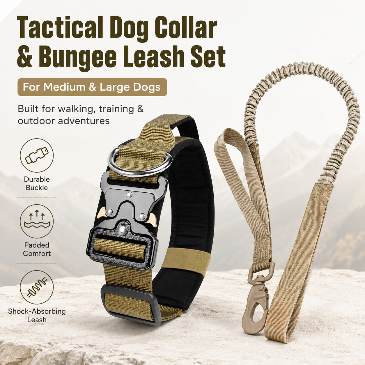 Khaki Tactical Dog Collar and Bungee Lead Set (XL size) - Padded Quick Release Collar with Control Handle and Shock Absorbing Leash for Medium and Large Dogs