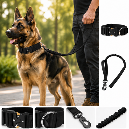 Black Tactical Dog Collar and Bungee Lead Set (L size) - Padded Quick Release Collar with Control Handle and Shock Absorbing Leash for Medium and Large Dogs