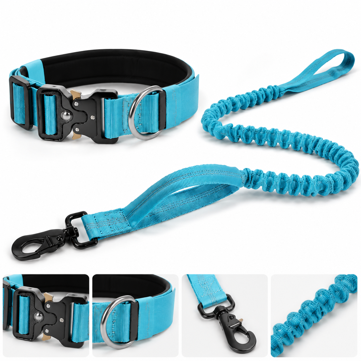 Blue Tactical Dog Collar and Bungee Lead Set (M size) - Padded Quick Release Collar with Control Handle and Shock Absorbing Leash for Medium and Large Dogs