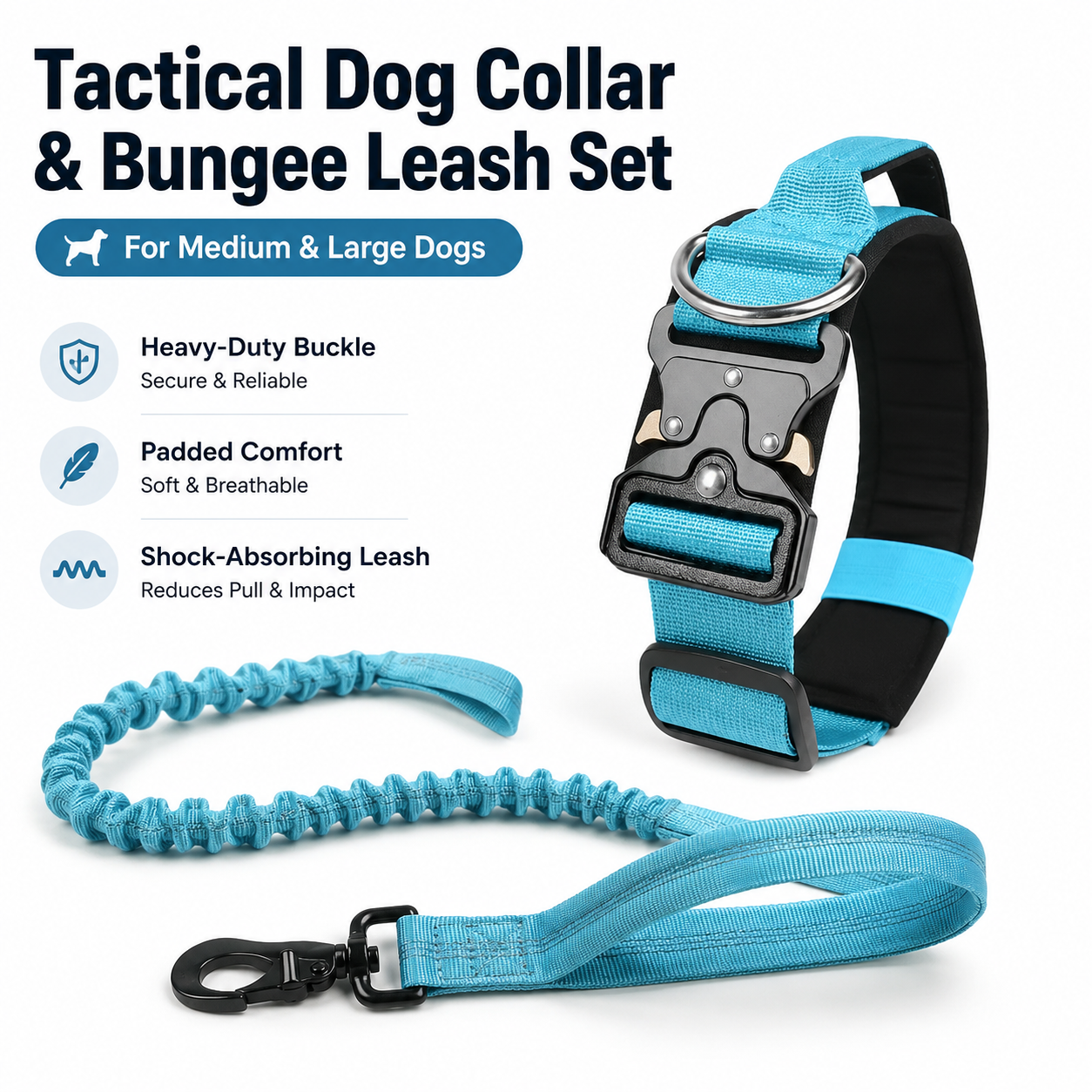 Blue Tactical Dog Collar and Bungee Lead Set (XL size) - Padded Quick Release Collar with Control Handle and Shock Absorbing Leash for Medium and Large Dogs