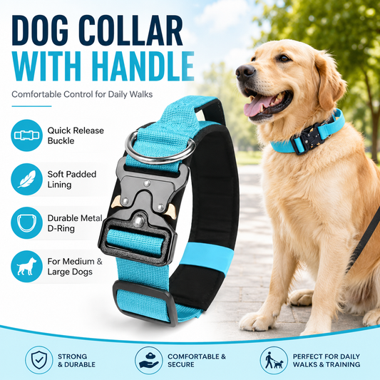 Blue Tactical Dog Collar for Large Dogs (L size)- Wide Padded Nylon Collar with Quick Release Metal Buckle, Control Handle and D-Ring for Walking and Training