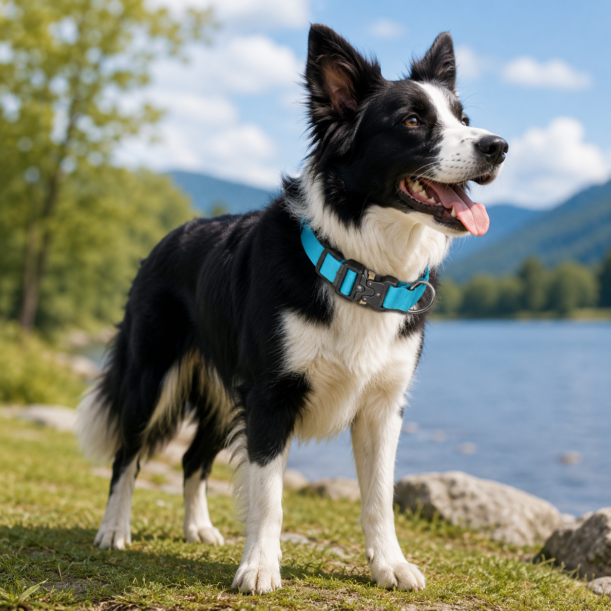 Blue Tactical Dog Collar for Large Dogs (L size)- Wide Padded Nylon Collar with Quick Release Metal Buckle, Control Handle and D-Ring for Walking and Training