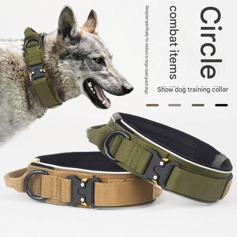 Blue Tactical Dog Collar for Large Dogs (L size)- Wide Padded Nylon Collar with Quick Release Metal Buckle, Control Handle and D-Ring for Walking and Training