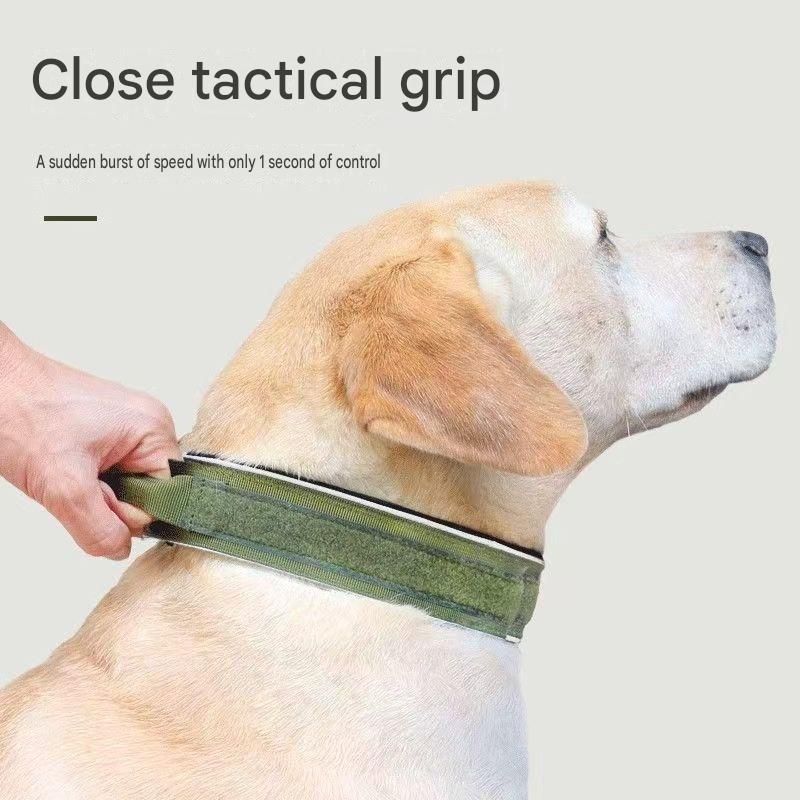 Blue Tactical Dog Collar for Large Dogs (XL size)- Wide Padded Nylon Collar with Quick Release Metal Buckle, Control Handle and D-Ring for Walking and Training