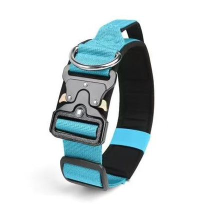 Blue Tactical Dog Collar for Large Dogs (XL size)- Wide Padded Nylon Collar with Quick Release Metal Buckle, Control Handle and D-Ring for Walking and Training