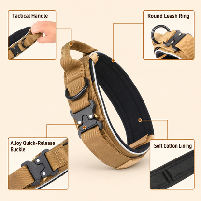 Black Tactical Dog Collar for Large Dogs (M size)- Wide Padded Nylon Collar with Quick Release Metal Buckle, Control Handle and D-Ring for Walking and Training