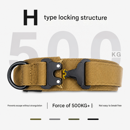 Black Tactical Dog Collar for Large Dogs (M size)- Wide Padded Nylon Collar with Quick Release Metal Buckle, Control Handle and D-Ring for Walking and Training