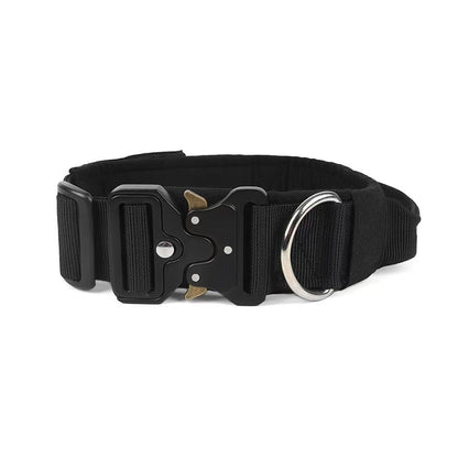 Black Tactical Dog Collar for Large Dogs (M size)- Wide Padded Nylon Collar with Quick Release Metal Buckle, Control Handle and D-Ring for Walking and Training
