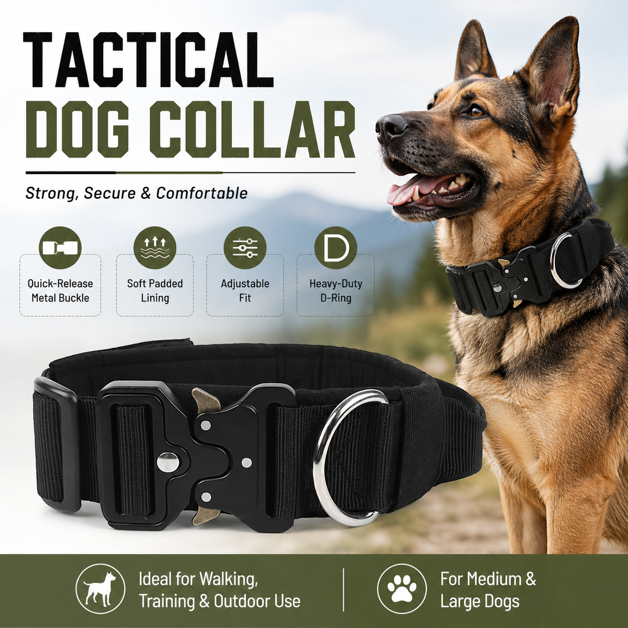 Black Tactical Dog Collar for Large Dogs (XL size)- Wide Padded Nylon Collar with Quick Release Metal Buckle, Control Handle and D-Ring for Walking and Training