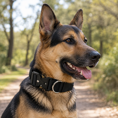 Black Tactical Dog Collar for Large Dogs (XL size)- Wide Padded Nylon Collar with Quick Release Metal Buckle, Control Handle and D-Ring for Walking and Training