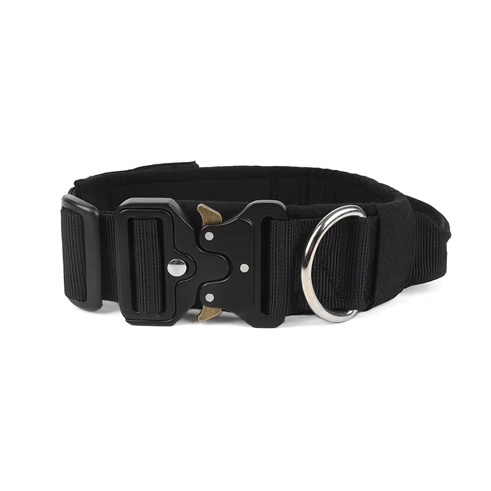 Black Tactical Dog Collar for Large Dogs (XL size)- Wide Padded Nylon Collar with Quick Release Metal Buckle, Control Handle and D-Ring for Walking and Training