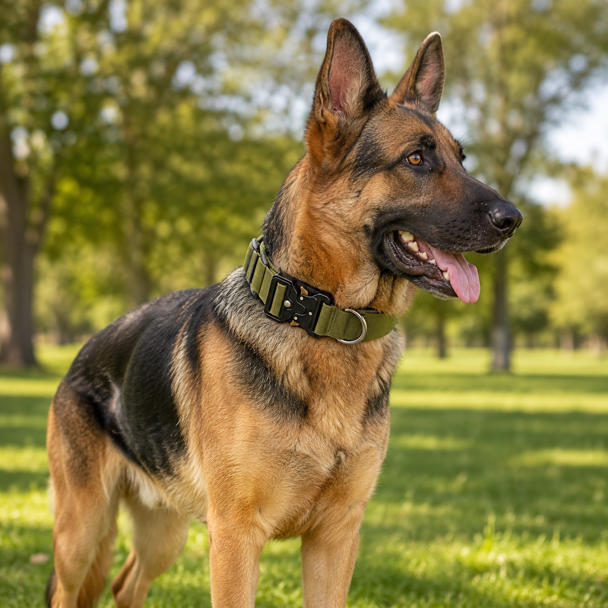 Green Tactical Dog Collar for Large Dogs (M size)- Wide Padded Nylon Collar with Quick Release Metal Buckle, Control Handle and D-Ring for Walking and Training