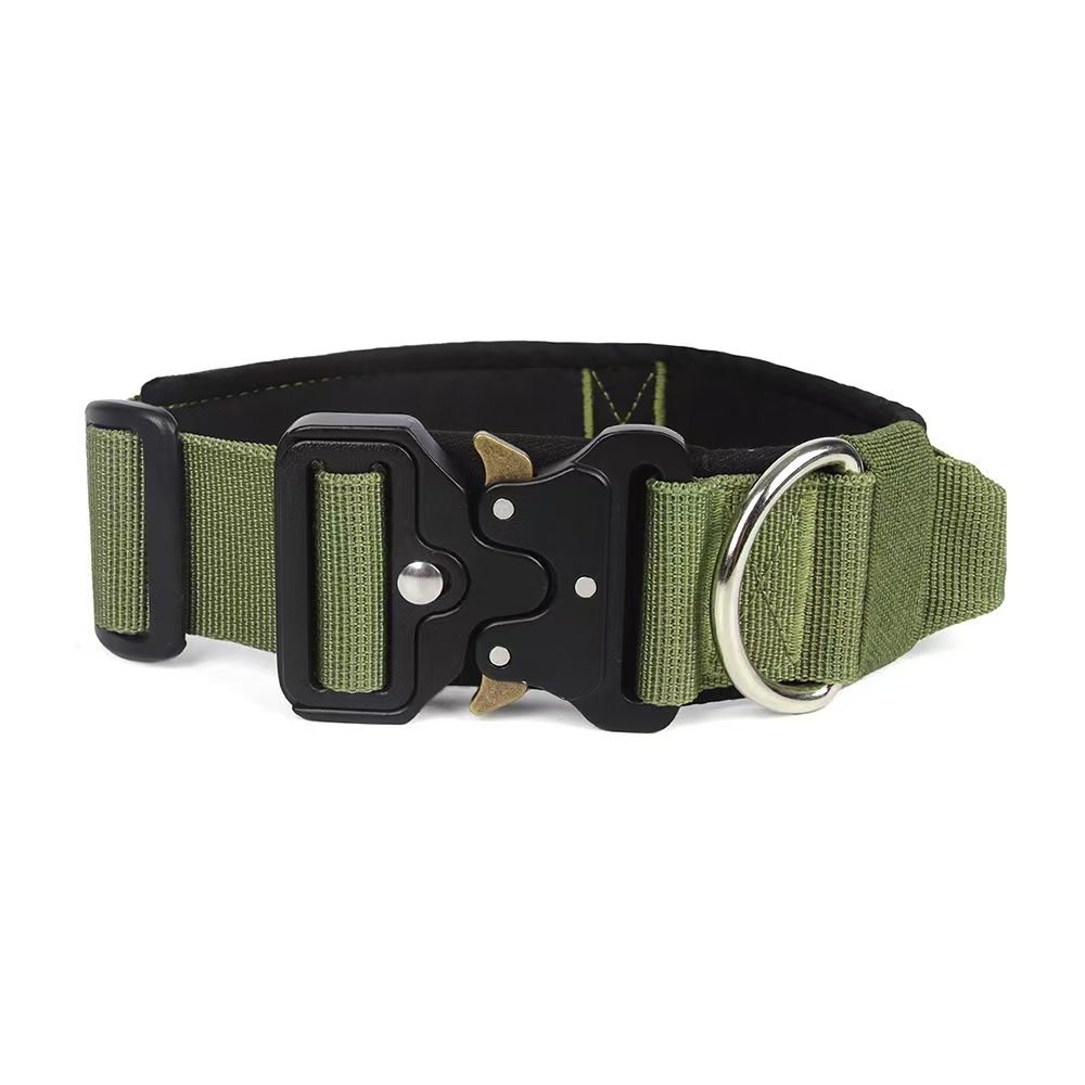 Green Tactical Dog Collar for Large Dogs (M size)- Wide Padded Nylon Collar with Quick Release Metal Buckle, Control Handle and D-Ring for Walking and Training