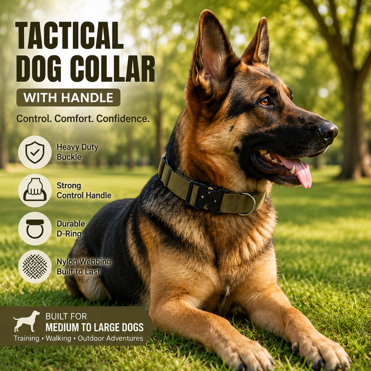 Khaki Tactical Dog Collar for Large Dogs (M size)- Wide Padded Nylon Collar with Quick Release Metal Buckle, Control Handle and D-Ring for Walking and Training