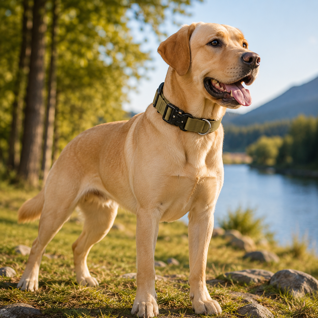 Khaki Tactical Dog Collar for Large Dogs (L size)- Wide Padded Nylon Collar with Quick Release Metal Buckle, Control Handle and D-Ring for Walking and Training