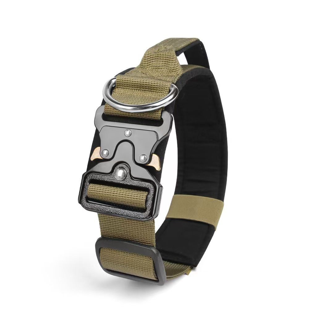 Khaki Tactical Dog Collar for Large Dogs (L size)- Wide Padded Nylon Collar with Quick Release Metal Buckle, Control Handle and D-Ring for Walking and Training