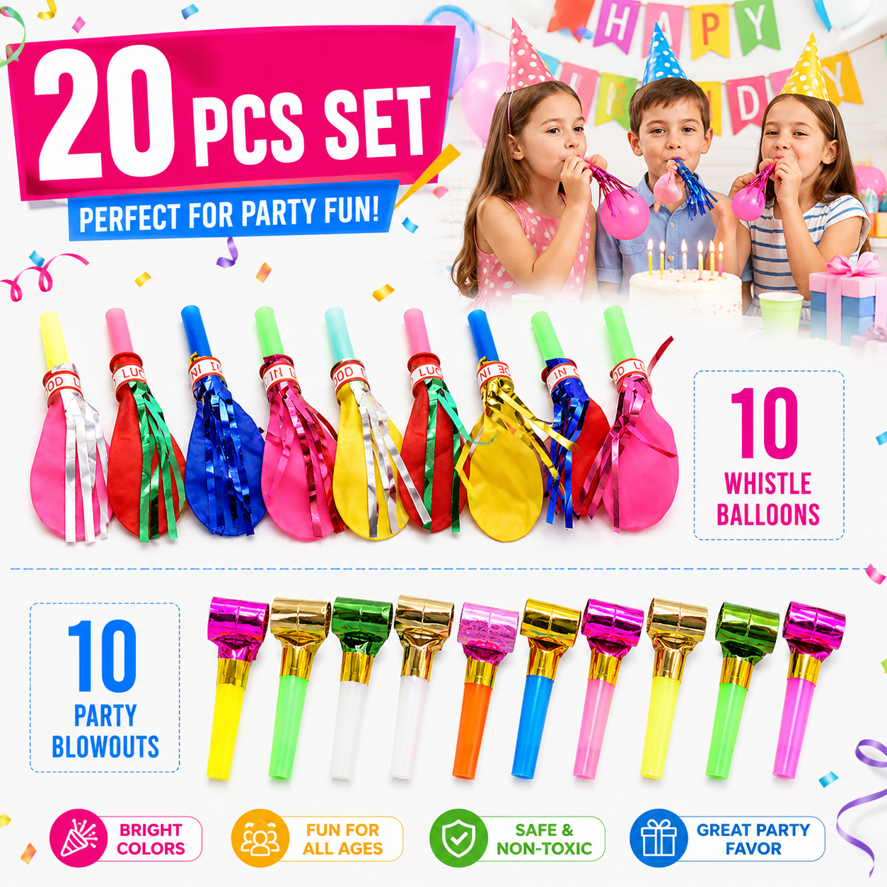 20 Piece Party Whistle and Blowout Set - 10 Whistle Balloons and 10 Party Blowers, Colourful Noise Makers for Birthdays, Celebrations and Party Bags