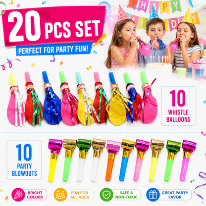 20 Piece Party Whistle and Blowout Set - 10 Whistle Balloons and 10 Party Blowers, Colourful Noise Makers for Birthdays, Celebrations and Party Bags
