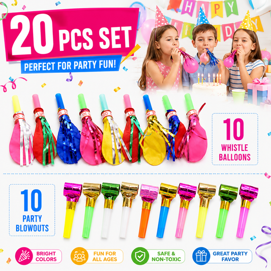 20 Piece Party Whistle and Blowout Set - 10 Whistle Balloons and 10 Party Blowers, Colourful Noise Makers for Birthdays, Celebrations and Party Bags