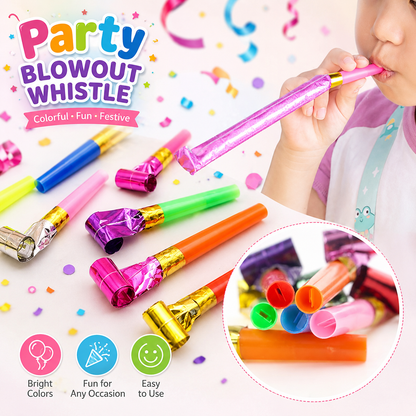 20 Piece Party Whistle and Blowout Set - 10 Whistle Balloons and 10 Party Blowers, Colourful Noise Makers for Birthdays, Celebrations and Party Bags