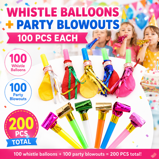 200 Piece Party Whistle and Blowout Set - 100 Whistle Balloons and 100 Party Blowers, Colourful Party Favors for Birthday Parties, Celebrations, Games and Loot Bags