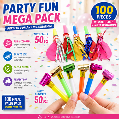 100 Piece Party Whistle and Blowout Set - 50 Whistle Balloons and 50 Party Blowers, Colourful Noise Makers for Birthdays, Celebrations and Party Bags