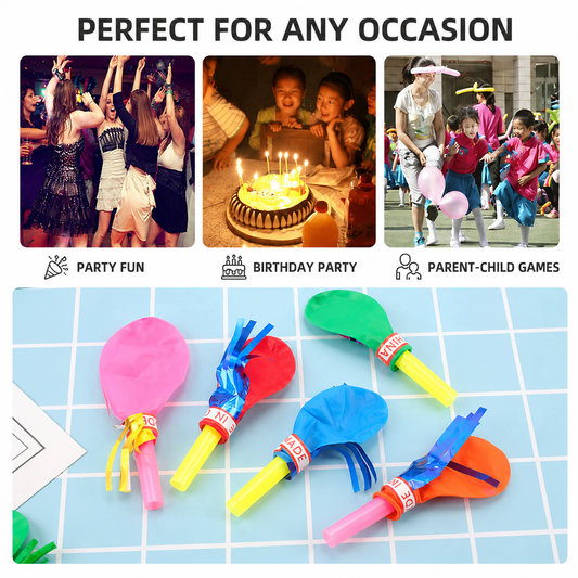 100 Piece Party Whistle and Blowout Set - 50 Whistle Balloons and 50 Party Blowers, Colourful Noise Makers for Birthdays, Celebrations and Party Bags