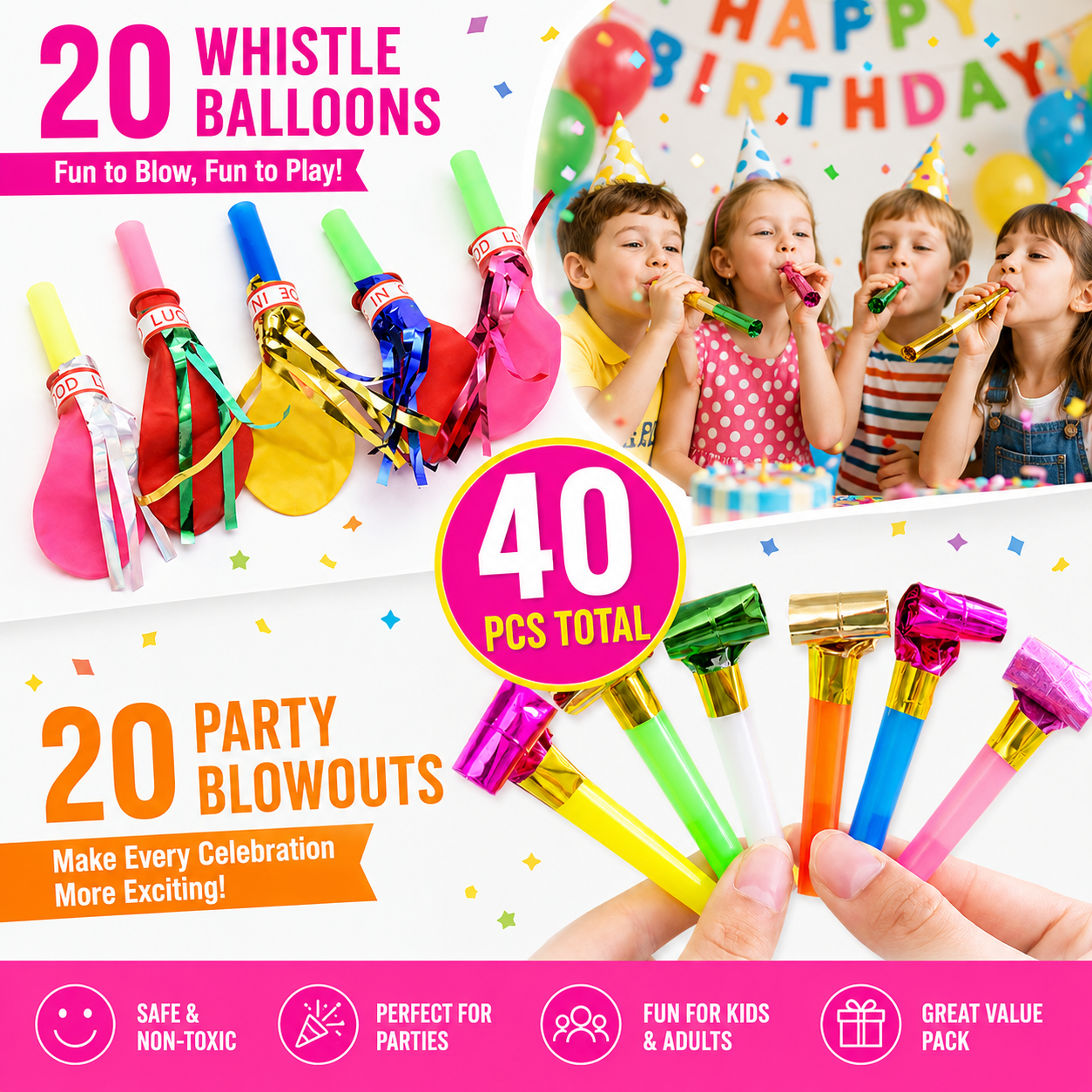 40 Piece Party Whistle and Blowout Set - 20 Whistle Balloons and 20 Party Blowers, Colourful Noise Makers for Birthdays, Celebrations and Party Bags